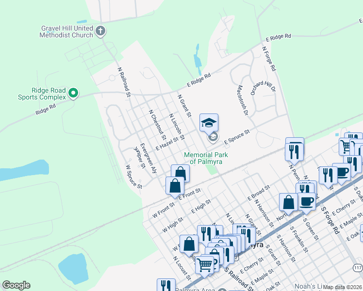 map of restaurants, bars, coffee shops, grocery stores, and more near 539 North Lincoln Street in Palmyra