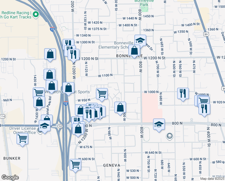 map of restaurants, bars, coffee shops, grocery stores, and more near 947 1010 North in Orem