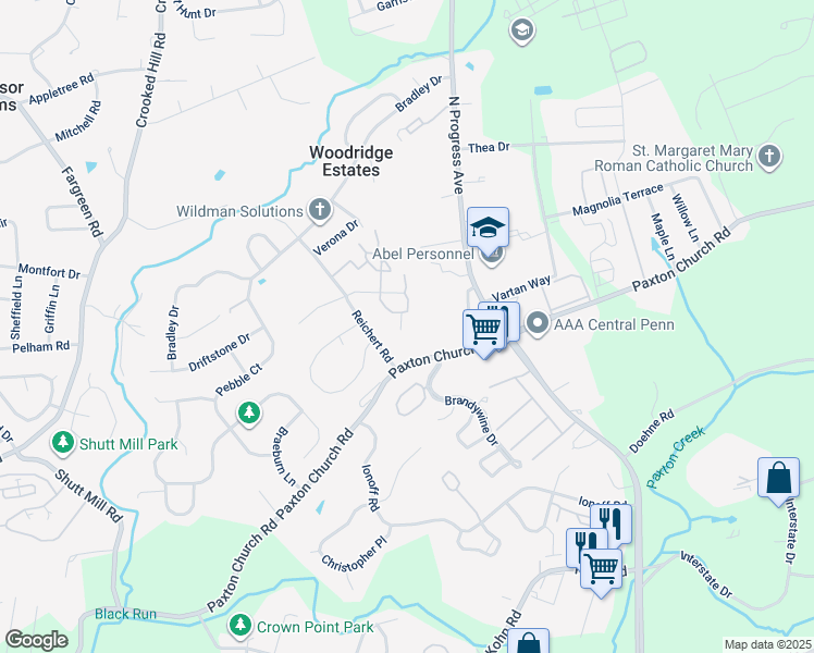 map of restaurants, bars, coffee shops, grocery stores, and more near 1308 Cherrington Drive in Harrisburg