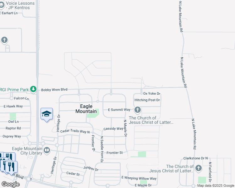 map of restaurants, bars, coffee shops, grocery stores, and more near East East Jordan Way in Eagle Mountain