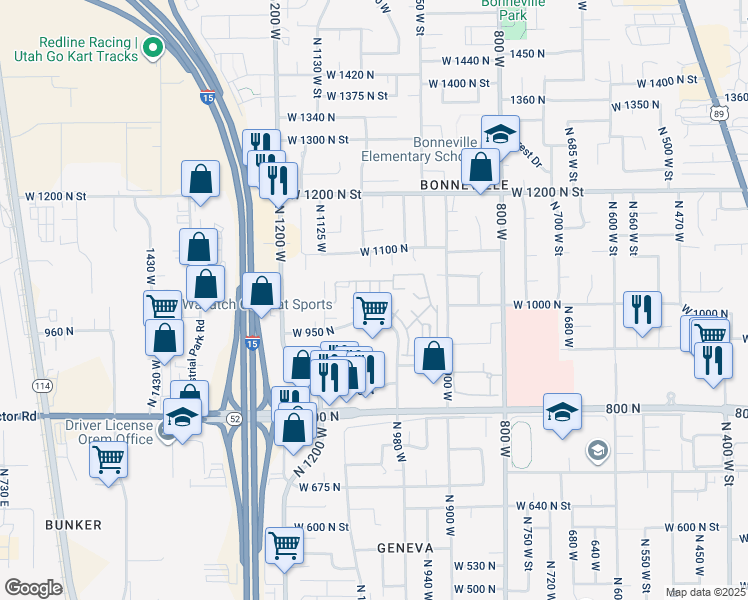 map of restaurants, bars, coffee shops, grocery stores, and more near 979 North 995 West in Orem
