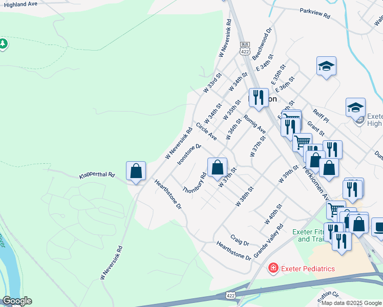 map of restaurants, bars, coffee shops, grocery stores, and more near 18 Ironstone Drive in Reading