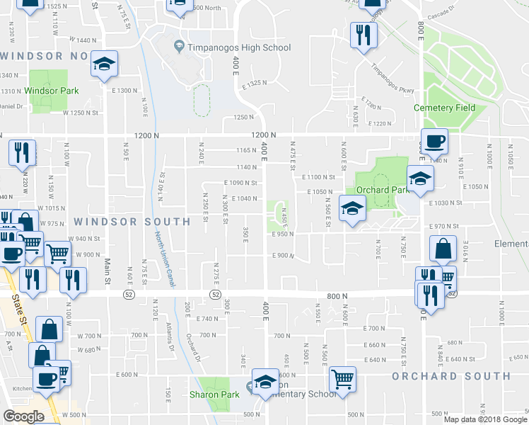 map of restaurants, bars, coffee shops, grocery stores, and more near 1001 400 East in Orem