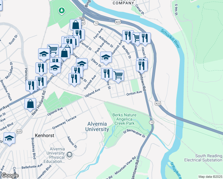 map of restaurants, bars, coffee shops, grocery stores, and more near 513 Pansy Street in Reading