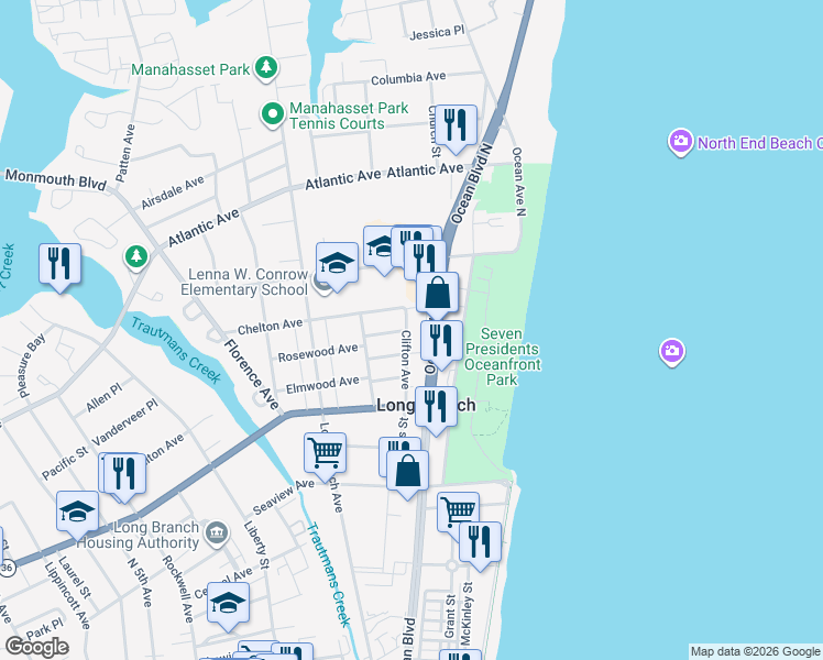 map of restaurants, bars, coffee shops, grocery stores, and more near 284 Clifton Avenue in Long Branch