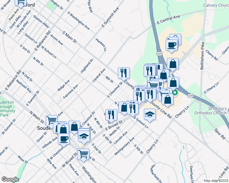 map of restaurants, bars, coffee shops, grocery stores, and more near 104 Hillcrest Avenue in Souderton