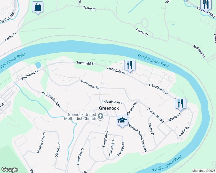 map of restaurants, bars, coffee shops, grocery stores, and more near 1114 Schweitzer Road in McKeesport