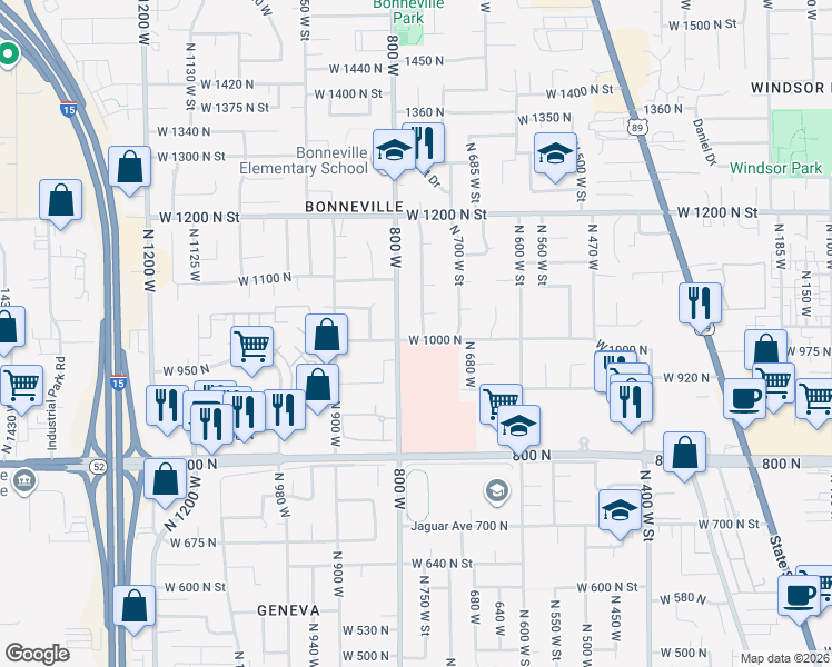 map of restaurants, bars, coffee shops, grocery stores, and more near 1012 North 750 West Street in Orem