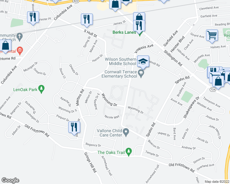 map of restaurants, bars, coffee shops, grocery stores, and more near 105 Meadow Court in Sinking Spring