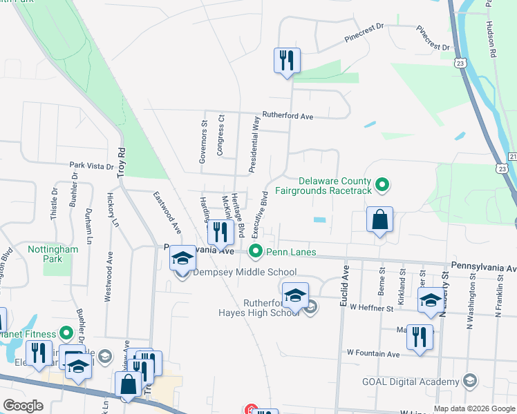 map of restaurants, bars, coffee shops, grocery stores, and more near 547 Executive Boulevard in Delaware