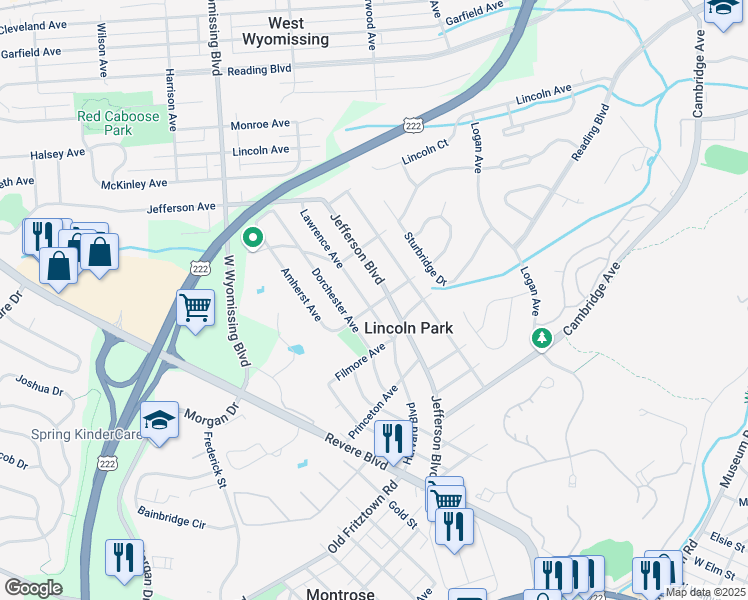 map of restaurants, bars, coffee shops, grocery stores, and more near 415 Lawrence Avenue in Reading