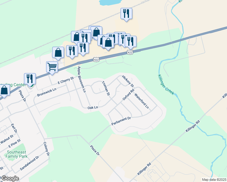 map of restaurants, bars, coffee shops, grocery stores, and more near 430 Oak Lane in Palmyra