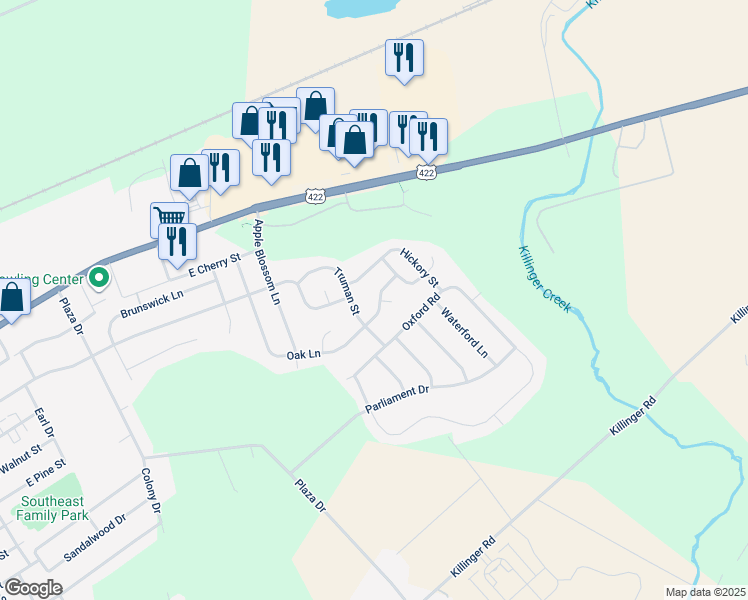 map of restaurants, bars, coffee shops, grocery stores, and more near 430 Oak Lane in Palmyra