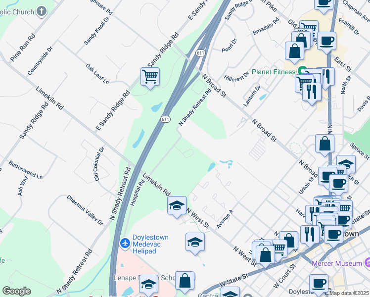 map of restaurants, bars, coffee shops, grocery stores, and more near 405 Mahogany Court in Doylestown