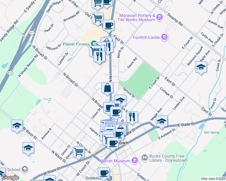 map of restaurants, bars, coffee shops, grocery stores, and more near 257 North Main Street in Doylestown