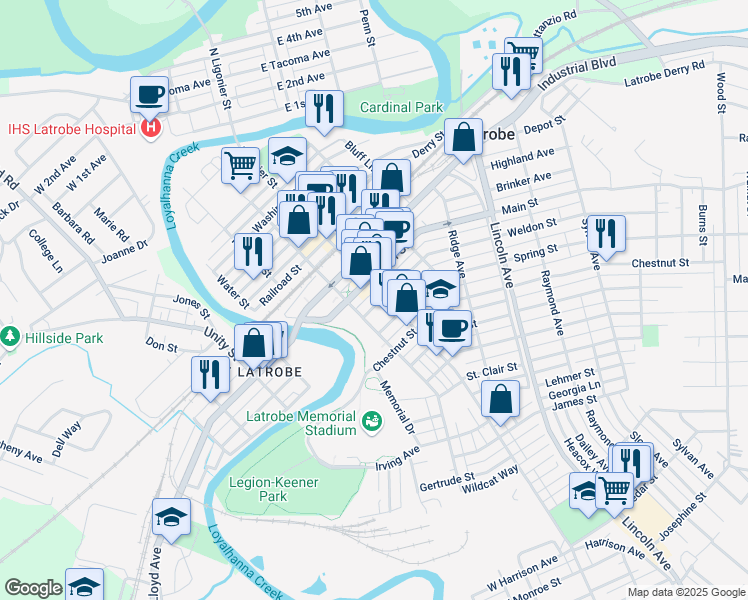 map of restaurants, bars, coffee shops, grocery stores, and more near 210 Weldon Street in Latrobe