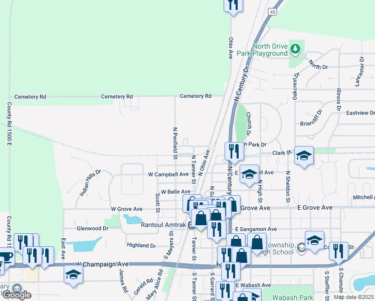 map of restaurants, bars, coffee shops, grocery stores, and more near 104 West Letchworth Street in Rantoul