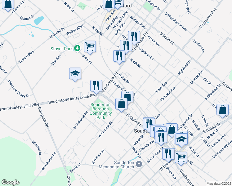 map of restaurants, bars, coffee shops, grocery stores, and more near 34 Harrison Avenue in Souderton