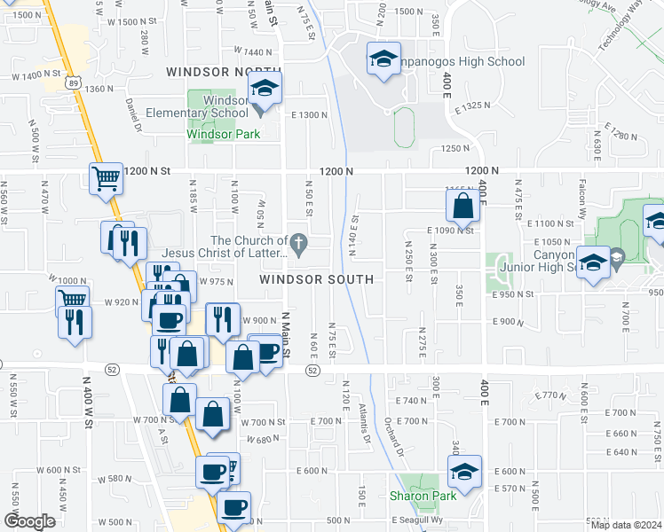 map of restaurants, bars, coffee shops, grocery stores, and more near 1008 North 75 East Street in Orem