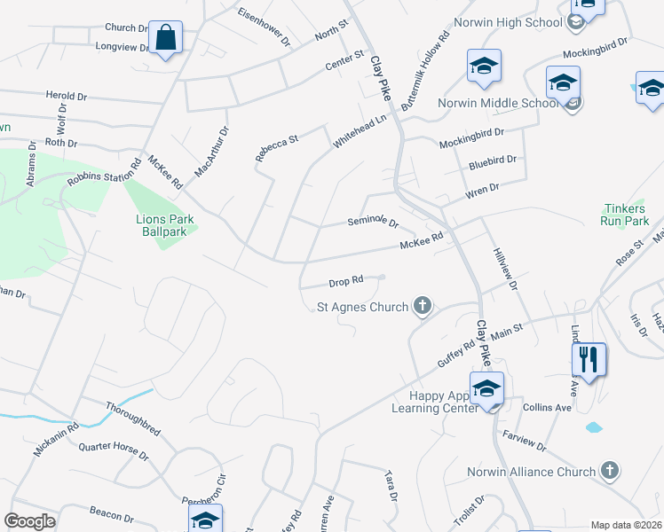 map of restaurants, bars, coffee shops, grocery stores, and more near 11521 Drop Road in Irwin