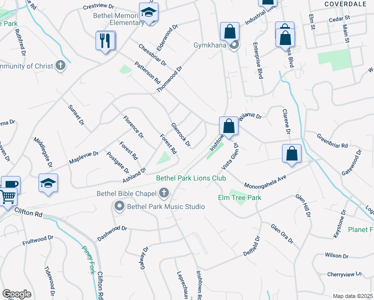 map of restaurants, bars, coffee shops, grocery stores, and more near 648 Glenrock Drive in Bethel Park
