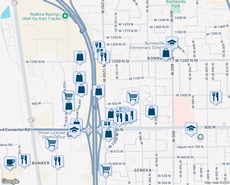 map of restaurants, bars, coffee shops, grocery stores, and more near 1140 West 950 North in Orem