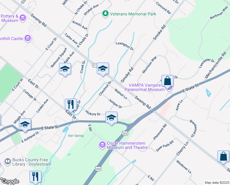 map of restaurants, bars, coffee shops, grocery stores, and more near 14 Walnut Lane in Quakertown