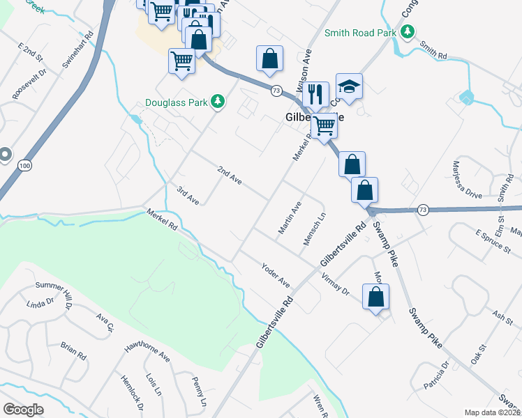 map of restaurants, bars, coffee shops, grocery stores, and more near 123 Merkel Road in Gilbertsville