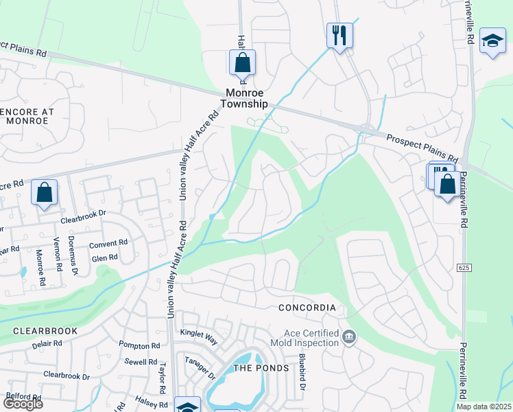 map of restaurants, bars, coffee shops, grocery stores, and more near 124A Concordia Circle in Monroe Township