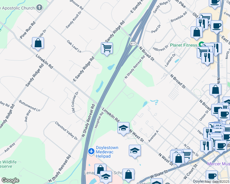 map of restaurants, bars, coffee shops, grocery stores, and more near 612 North Shady Retreat Road in Doylestown