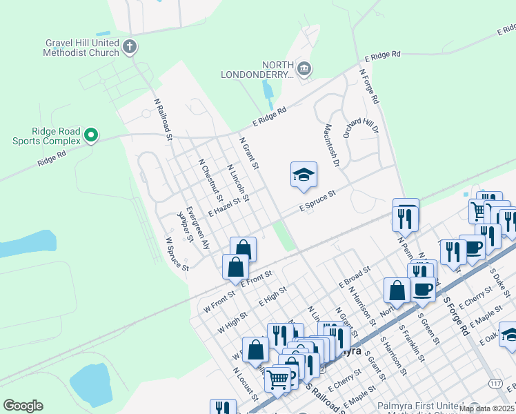 map of restaurants, bars, coffee shops, grocery stores, and more near 539 North Lincoln Street in Palmyra