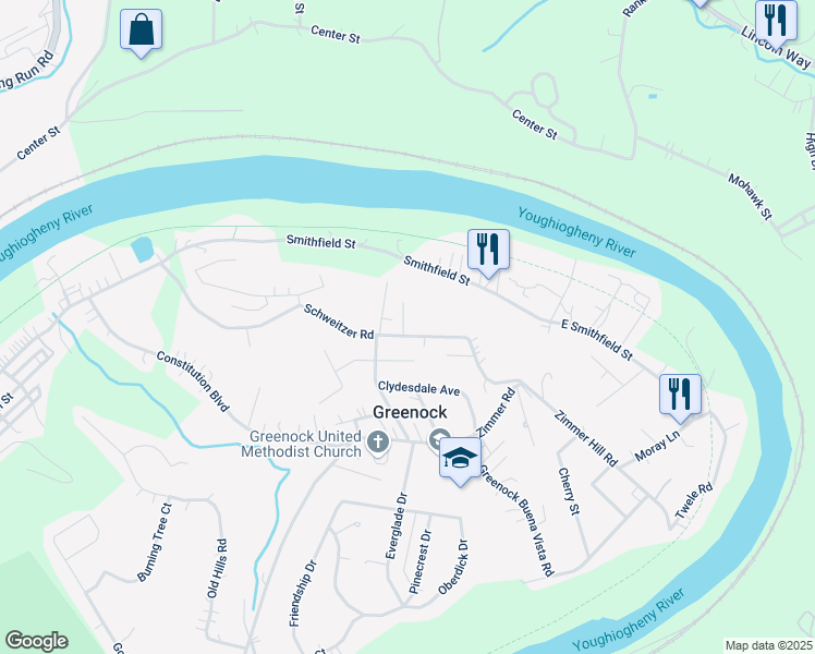 map of restaurants, bars, coffee shops, grocery stores, and more near 1114 Schweitzer Road in McKeesport