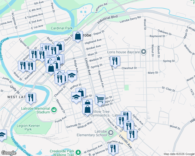 map of restaurants, bars, coffee shops, grocery stores, and more near 627 Walnut Street in Latrobe