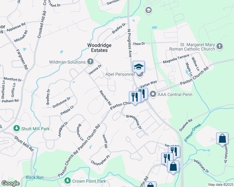 map of restaurants, bars, coffee shops, grocery stores, and more near 1313 Cherrington Drive in Harrisburg