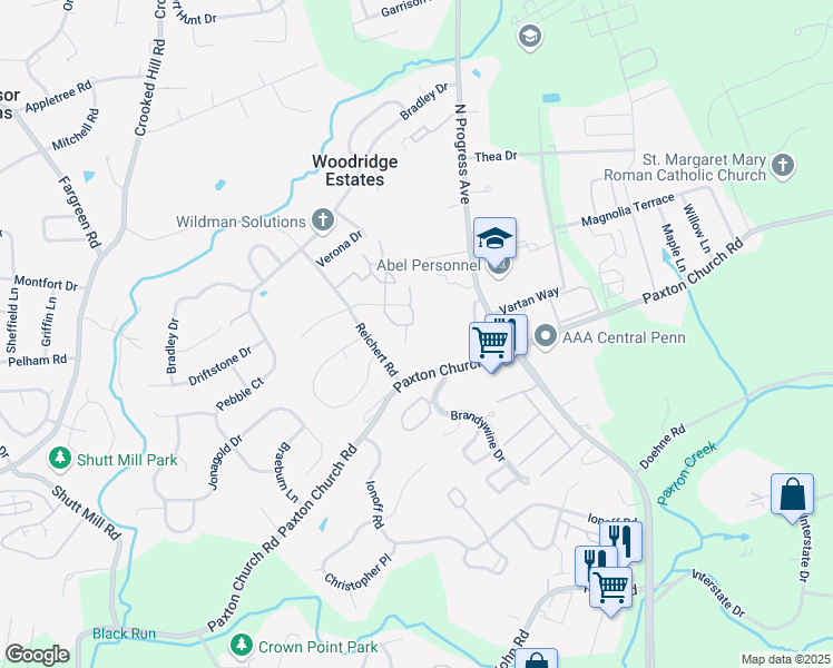 map of restaurants, bars, coffee shops, grocery stores, and more near 1313 Cherrington Drive in Harrisburg