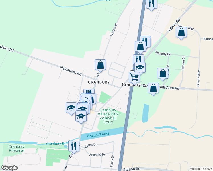 map of restaurants, bars, coffee shops, grocery stores, and more near 9 Plainsboro Road in Cranbury