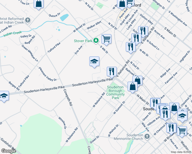 map of restaurants, bars, coffee shops, grocery stores, and more near 135 Harleysville Pike in Souderton
