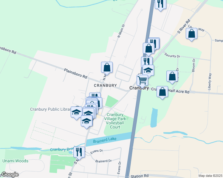 map of restaurants, bars, coffee shops, grocery stores, and more near 9 Plainsboro Road in Cranbury