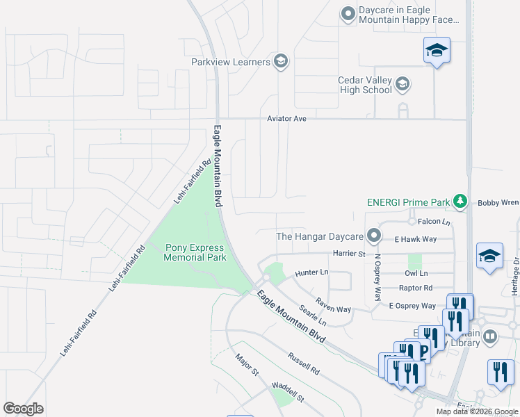 map of restaurants, bars, coffee shops, grocery stores, and more near 909 East Antelope Drive in Eagle Mountain