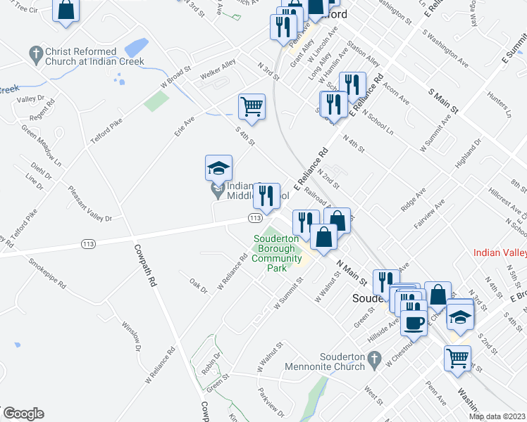 map of restaurants, bars, coffee shops, grocery stores, and more near 517 Harleysville Pike in Souderton