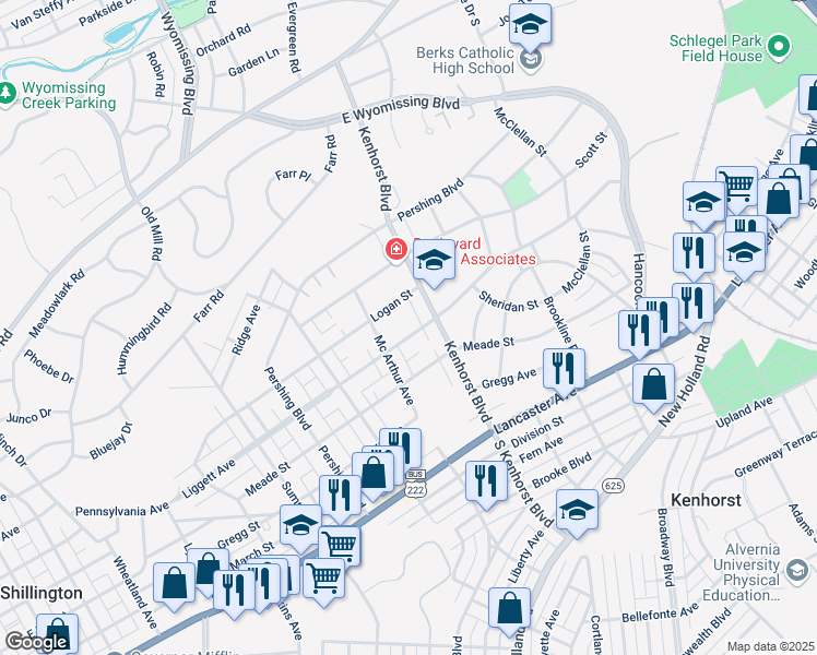 map of restaurants, bars, coffee shops, grocery stores, and more near 1325 Liggett Avenue in Reading