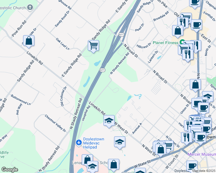 map of restaurants, bars, coffee shops, grocery stores, and more near 414 Mahogany Court in Doylestown