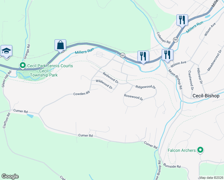 map of restaurants, bars, coffee shops, grocery stores, and more near 736 Wildwood Drive in McDonald