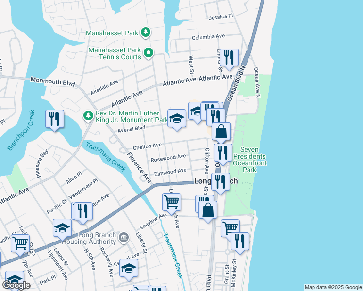 map of restaurants, bars, coffee shops, grocery stores, and more near 119 Rosewood Avenue in Long Branch