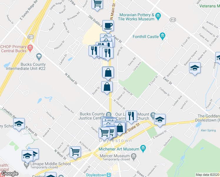 map of restaurants, bars, coffee shops, grocery stores, and more near 266 North Main Street in Doylestown