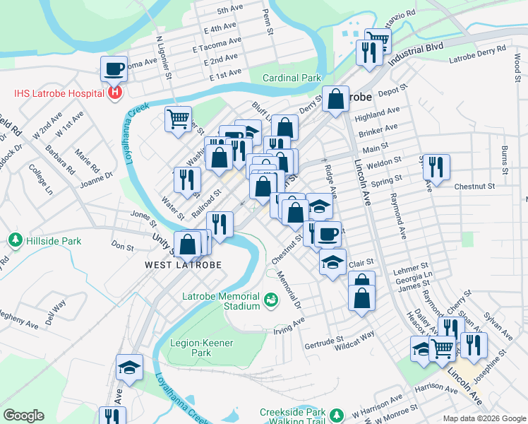 map of restaurants, bars, coffee shops, grocery stores, and more near 210 Weldon Street in Latrobe