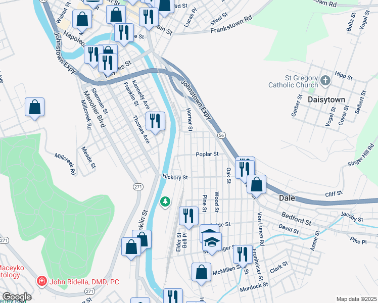 map of restaurants, bars, coffee shops, grocery stores, and more near 232 Horner Street in Johnstown