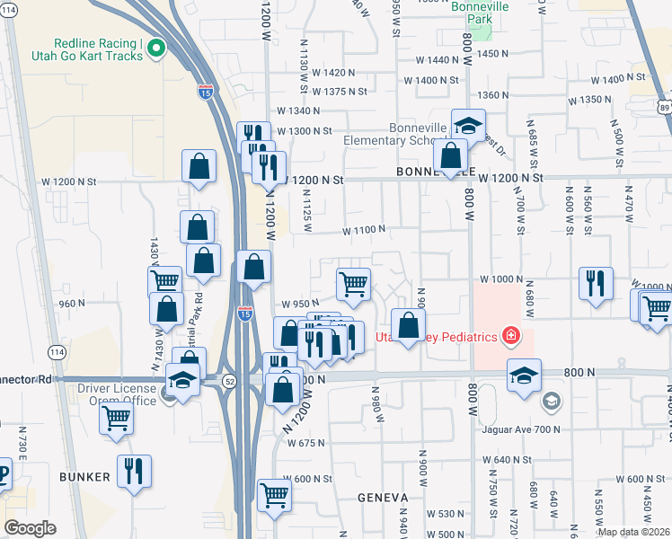 map of restaurants, bars, coffee shops, grocery stores, and more near 1007 North 1030 West Street in Orem