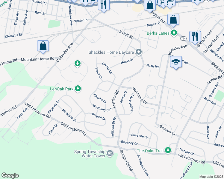 map of restaurants, bars, coffee shops, grocery stores, and more near 406 Martins Road in Sinking Spring