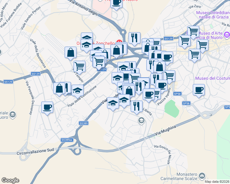 map of restaurants, bars, coffee shops, grocery stores, and more near 5 Via San Marino in Nuoro